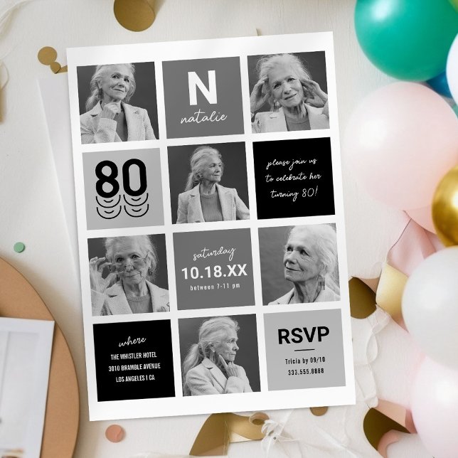Invitación Colaje de fotos en blanco y negro cumpleaños 80 (Subido por el creador)