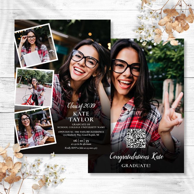 Invitación Colaje de Fotos Fiesta de Graduación Moderna Códig (Photo Collage Modern Graduation Party QR Code Invitation)