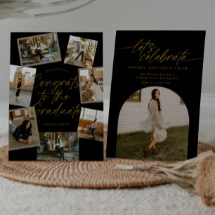 Invitación Colaje de Fotos Graduación Negro y Dorado