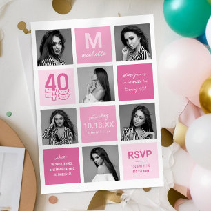 Invitación Colaje de Fotos Moderno Rosa Cumpleaños 40