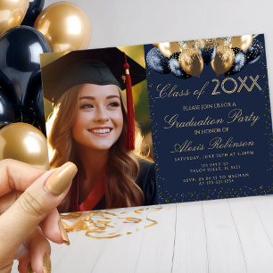 Invitación Colaje de globos azules dorados para foto de fiest