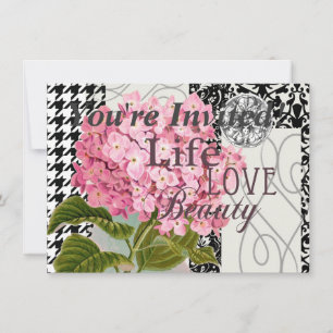 Invitación Colaje de Hortensia Rosa Chic Arte de Damasco Vint