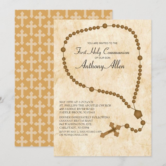 Invitación Colas de Rosario Marrón Primero Santa Comunión (Anverso / Reverso)