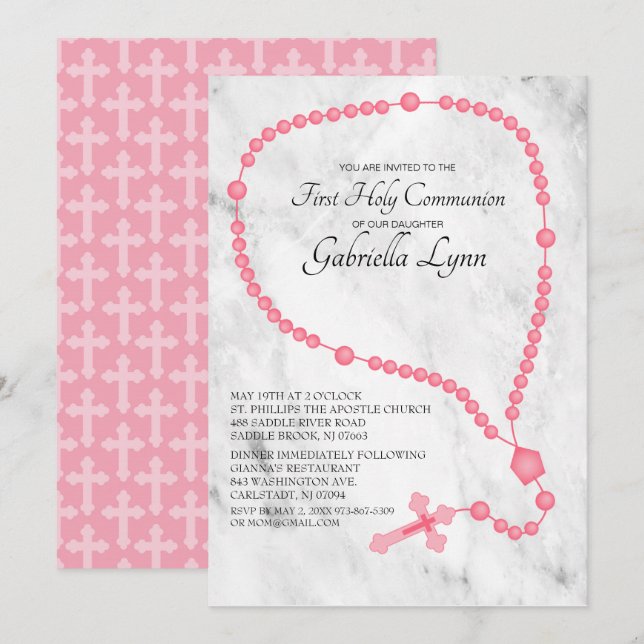Invitación Colas de Rosario Rosado Primero Santa Comunión (Anverso / Reverso)