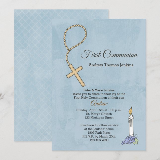 Invitación Colas de Rosario, Vela Azul Primera Comunión Invit (Anverso / Reverso)