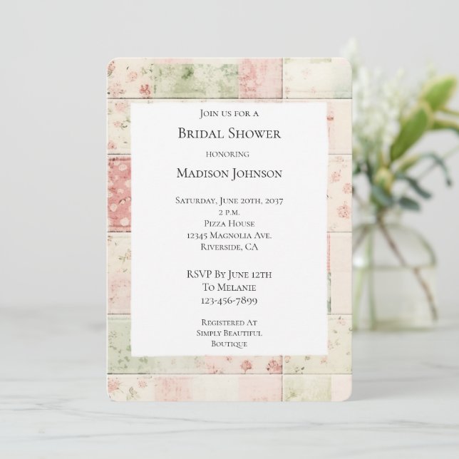 Invitación Colcha floral rosa menta de granja Regalo de ducha (Anverso de pie)