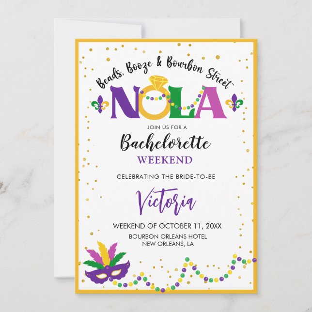 INVITACIÓN COLCHAS, BOOZE Y BOURBON STREET NOLA BACHELORETTE (Anverso)