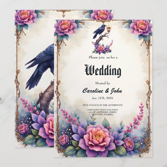 Invitación Colección de Boda Cuervo Encantado (Anverso / Reverso)