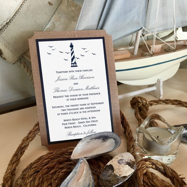 Invitación Colección de Bodas Burlap del faro náutico (Subido por el creador)