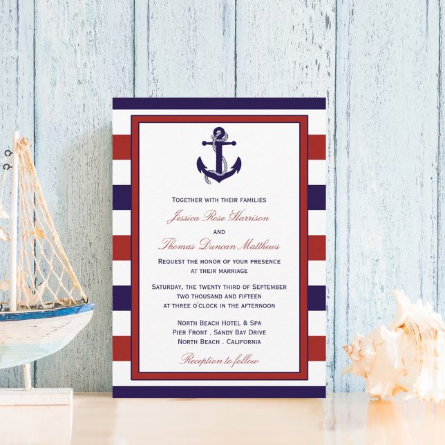Invitación Colección de Bodas de Anchor Náutico Rojo y Marina (Subido por el creador)