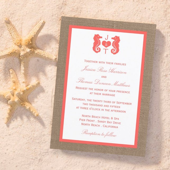 Invitación Colección de Bodas de Playa Coral Seahorse Burlap (Subido por el creador)