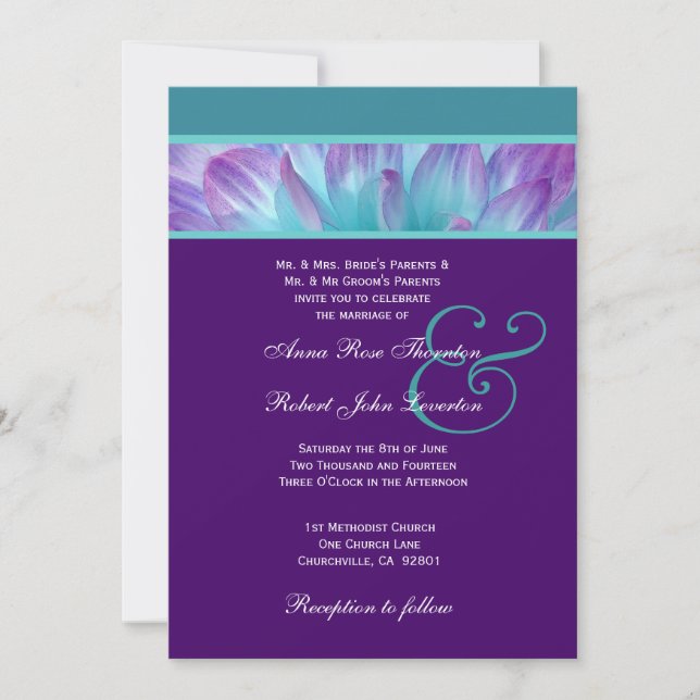 Invitación Colección de Bodas PURPLE y AQUA DAHLIA 001 (Anverso)