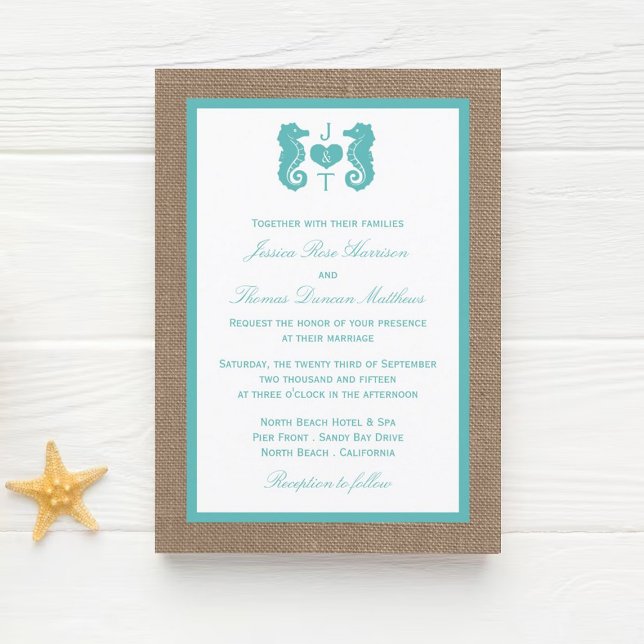 Invitación Colección de Bodas Turquoise Seahorse Burlap Beach (Subido por el creador)
