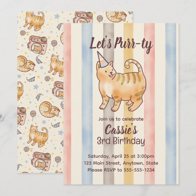 Invitación Colección de cumpleaños de gato naranja gordo con  (Anverso / Reverso)
