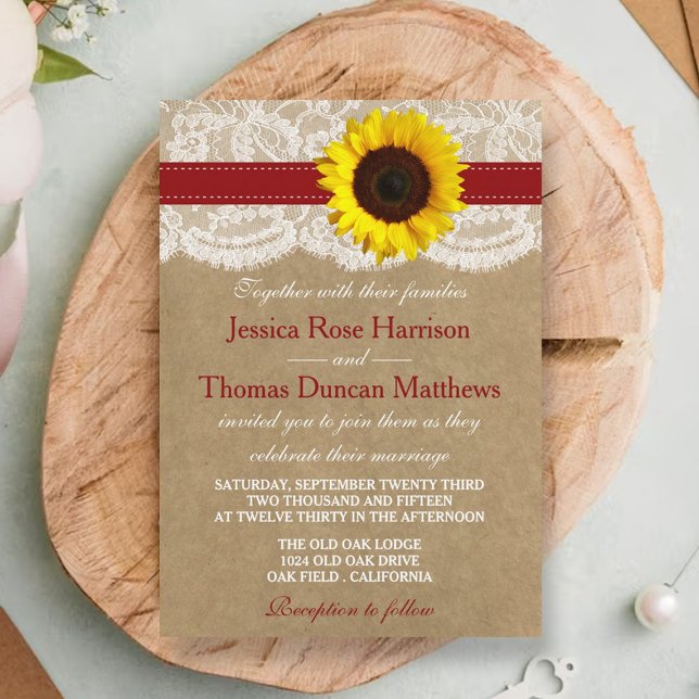 Invitación Colección Kraft, Lace & Sunflower - Rojo (Subido por el creador)
