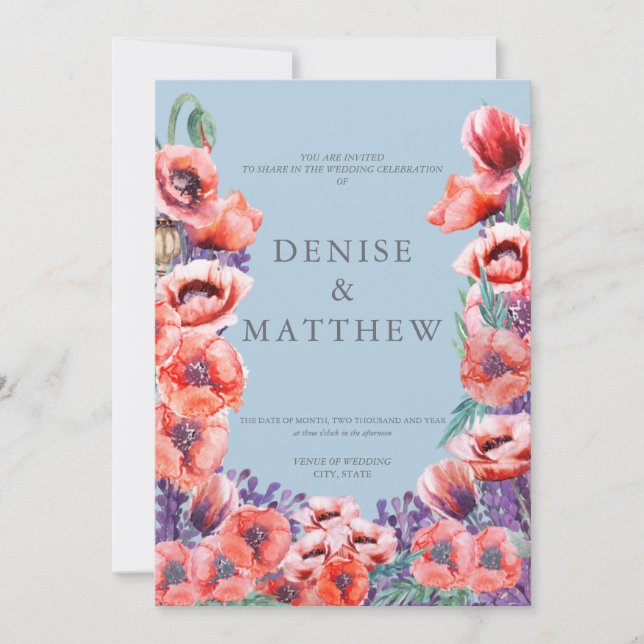 Invitación Colección Poppy con fondo azul Omphalodes   (Anverso)