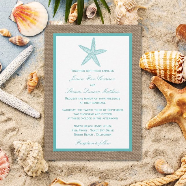 Invitación Colección Turquoise Starfish Burlap Beach Wedding (Subido por el creador)