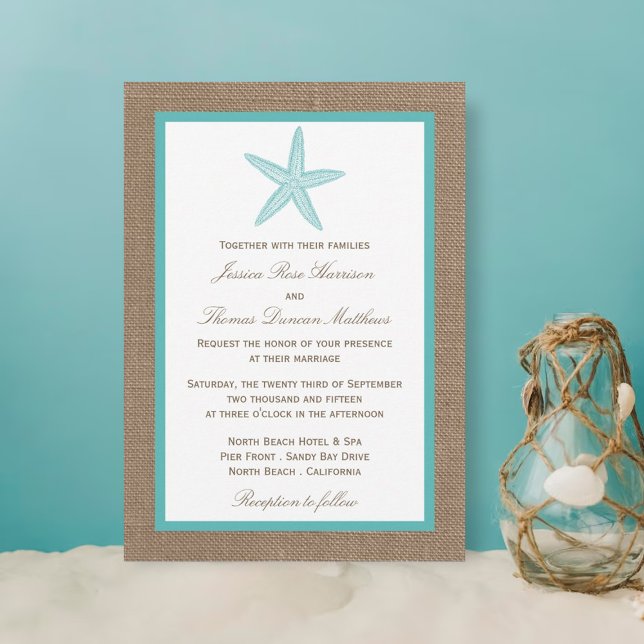 Invitación Colección Turquoise Starfish Burlap Beach Wedding (Subido por el creador)