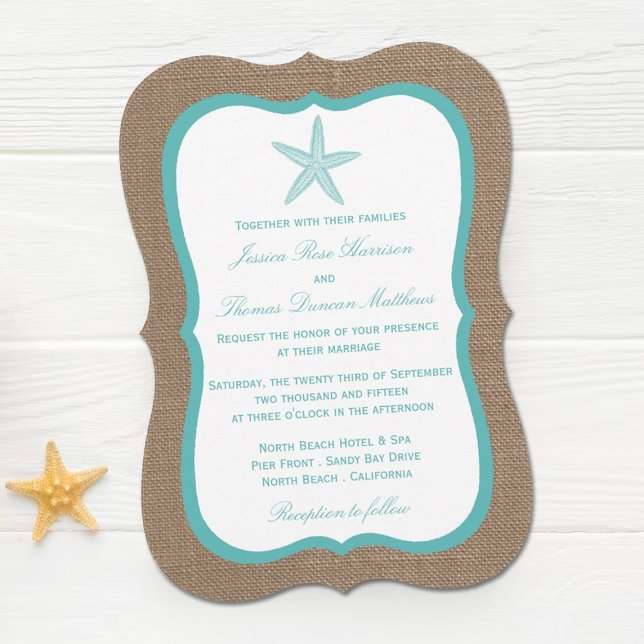 Invitación Colección Turquoise Starfish Burlap Beach Wedding (Subido por el creador)