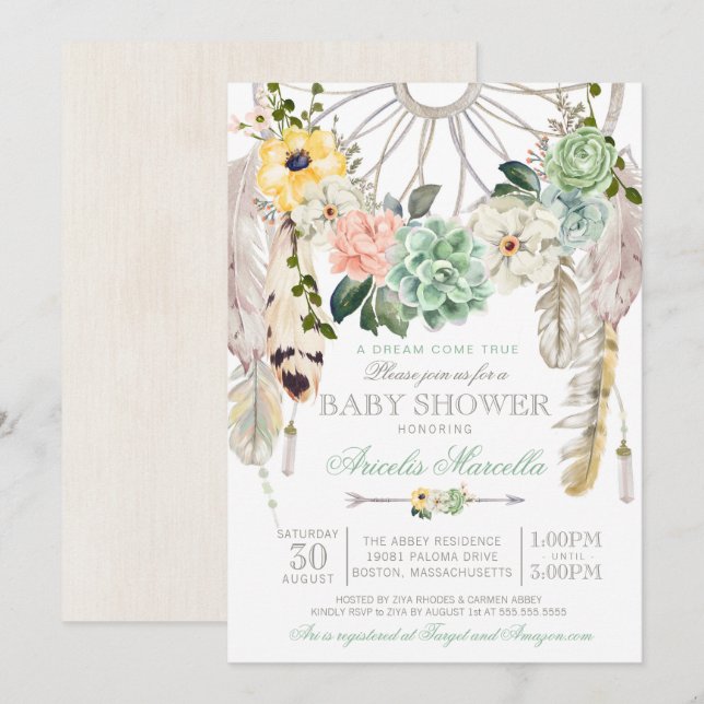 Invitación Colector ideal Boho Baby Shower de los Succulents (Anverso / Reverso)