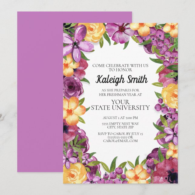 Invitación Colegio blanco morado floral amarillo Fiesta Trunk (Anverso / Reverso)