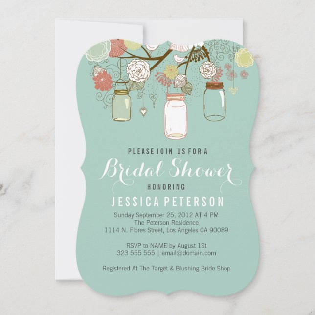 Invitación Colgando Mason Jar En La Ducha De Novias De Mint (Anverso)