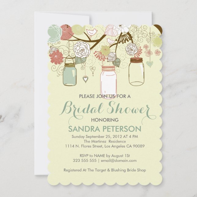 Invitación Colgando Mason Jar & Retro Flores Bridal Shower (Anverso)