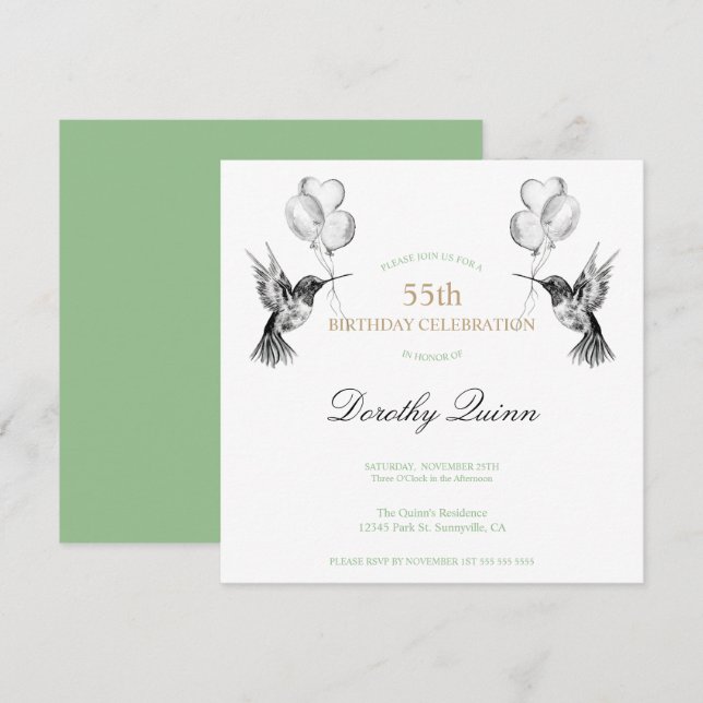 Invitación Colibrí acuarela y globos Cumpleaños (Anverso / Reverso)