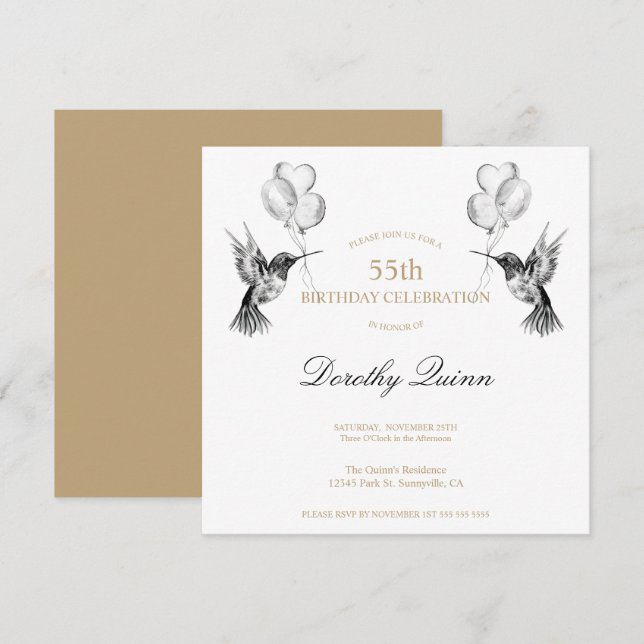 Invitación Colibrí acuarela y globos Cumpleaños (Anverso / Reverso)
