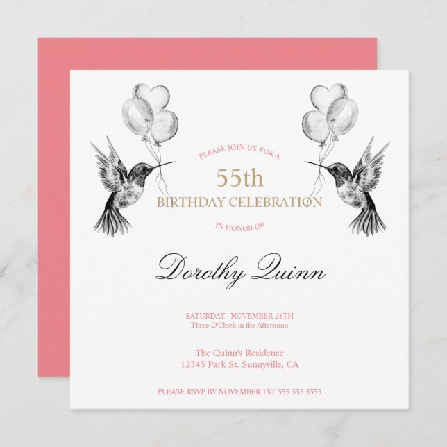 Invitación Colibrí acuarela y globos Cumpleaños (Anverso / Reverso)