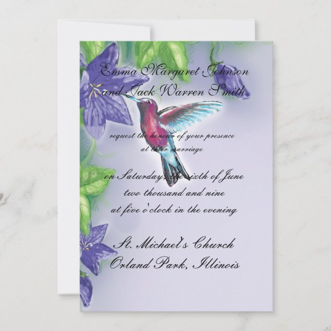 Invitación colibrí elegante flores púrpuras boda (Anverso)