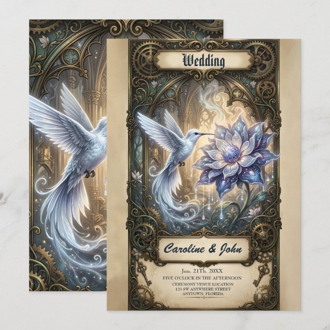 Invitación Colibrí encantado y flor de luna. (Anverso / Reverso)