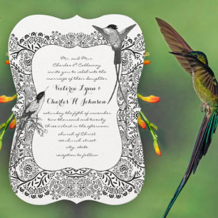 Invitación Colibrí romántico patrón negro y blanco