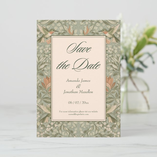 Invitación Colibríes y Flores Art Nouveau Save the Date (Anverso de pie)