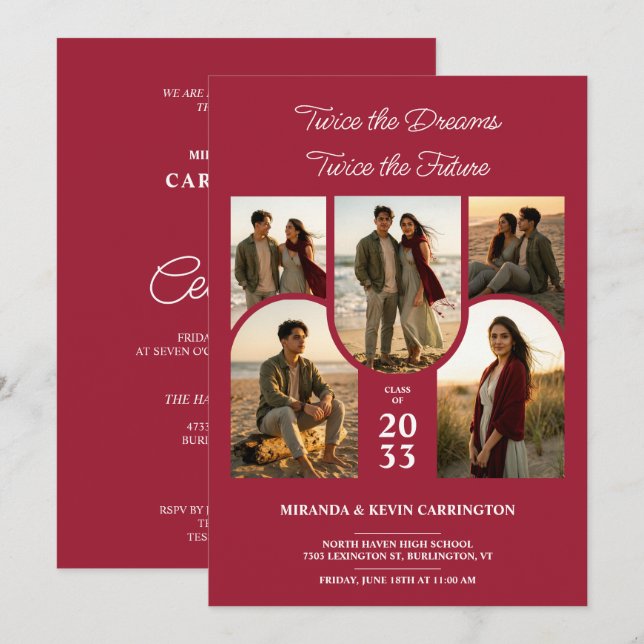 Invitación Collage Arqueado Carmesí Doble Grados Gemelos TMF2 (Anverso / Reverso)