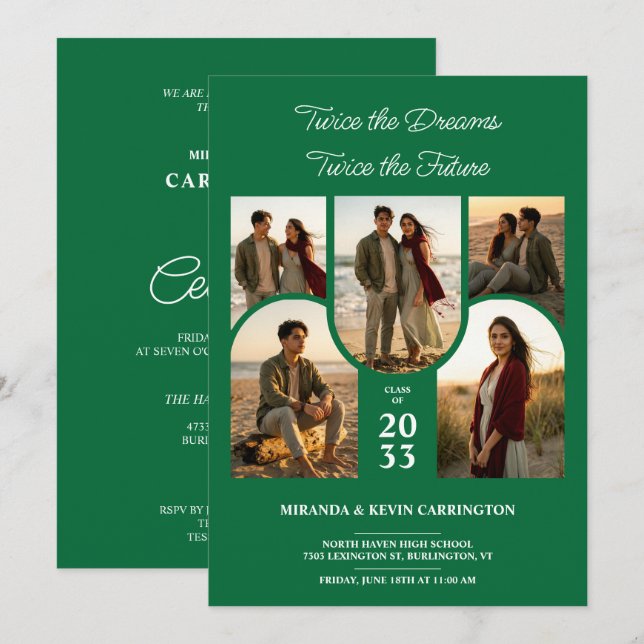Invitación Collage Arqueado Esmeralda Doble Grados Gemelos TM (Anverso / Reverso)