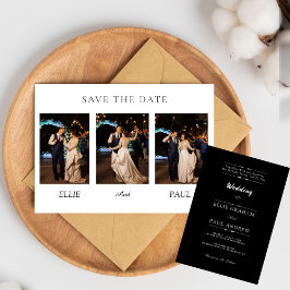 Invitación Collage de 3 Fotos de Boda Moderno | Letra Elegant