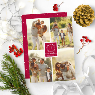 Invitación Collage de 4 Fotos Deseos Cálidos Navidad Monogram
