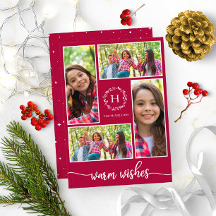 Invitación Collage de 4 Fotos Deseos Cálidos Navidad Monogram