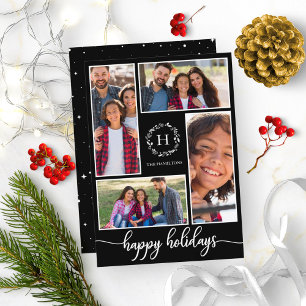 Invitación Collage de 4 Fotos Monograma Felices Fiestas Negro