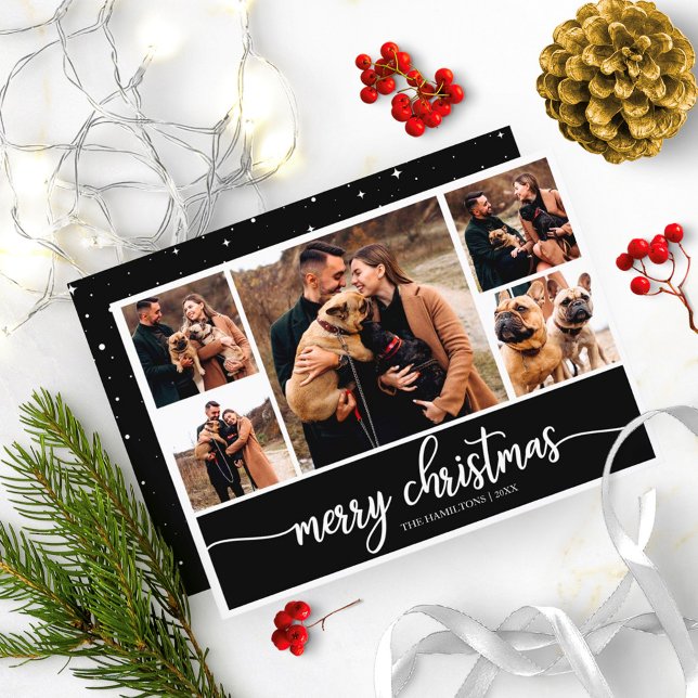 Invitación Collage de 5 fotos Navidades alegres elegante negr (Subido por el creador)