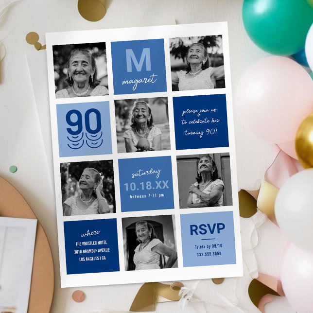 Invitación Collage de Fotos Azules Cumpleaños 90 (Subido por el creador)