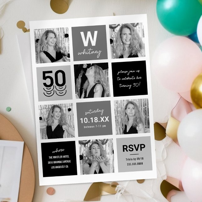 Invitación Collage de fotos Blanco Negro 50 cumpleaños (Subido por el creador)