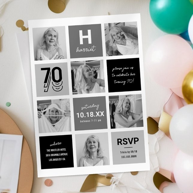 Invitación Collage de fotos Blanco Negro 70 cumpleaños (Subido por el creador)