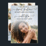 Invitación Collage de fotos Blue Gold Confetti Sweet 16<br><div class="desc">Esta invitación a tomar fotos de la fiesta de cumpleaños de 16 años, dulce y bonito, es perfecta para el chica moderno y elegante. Presenta un confetti purpurina con impresiones falsas y oro brillante sobre un gradiente fotográfico azul pastel y grande con una tipografía elegante de escritura cursiva manuscrita negra....</div>