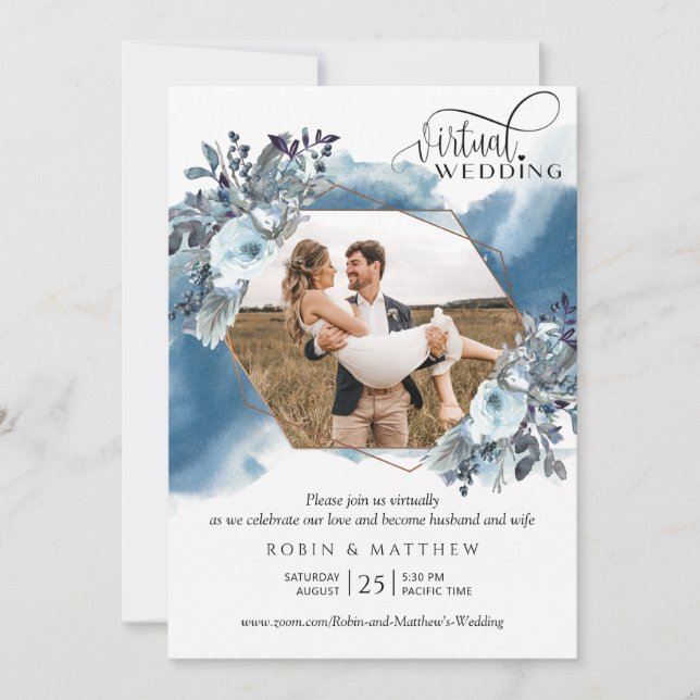 Invitación Collage de fotos, Boda virtual geométrico azul (Anverso)