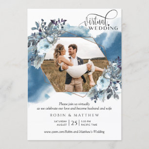 Invitación Collage de fotos, Boda virtual geométrico azul