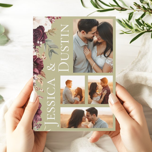 Invitación Collage de fotos Burgundy Floral Sage Green Boda (Modern Burgundy Sage Green Photo Collage Wedding Invitation)