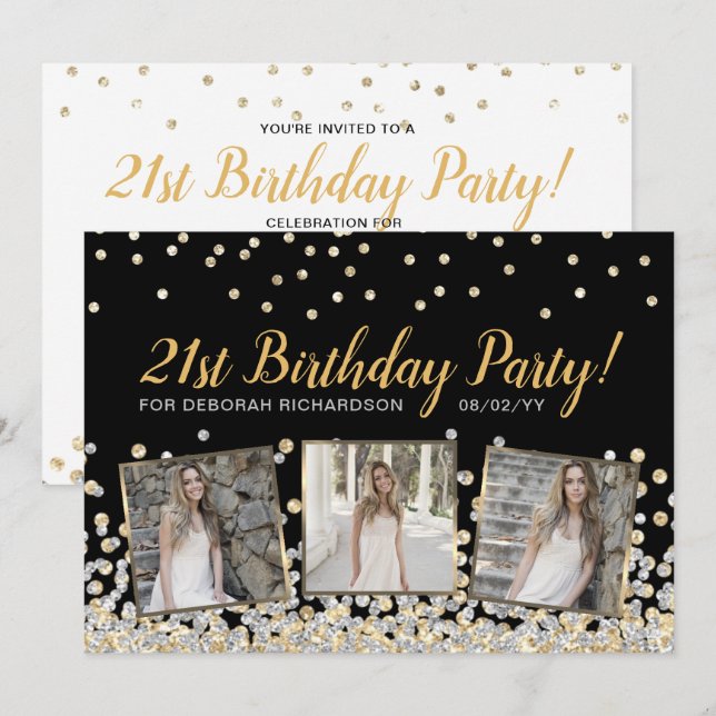 Invitación Collage de Fotos con Confeti de Oro y Plata Cumple (Anverso / Reverso)