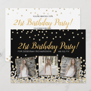 Invitación Collage de Fotos con Confeti de Oro y Plata Cumple